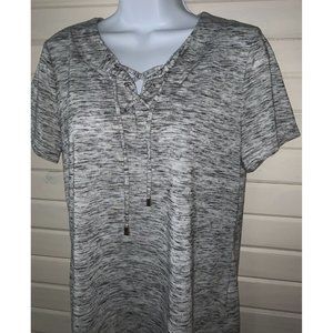 Chico's Sz 1 (MEDIUM) Lace-Up Marble Spacedye Tee Tunic S/S Gray *VGUC